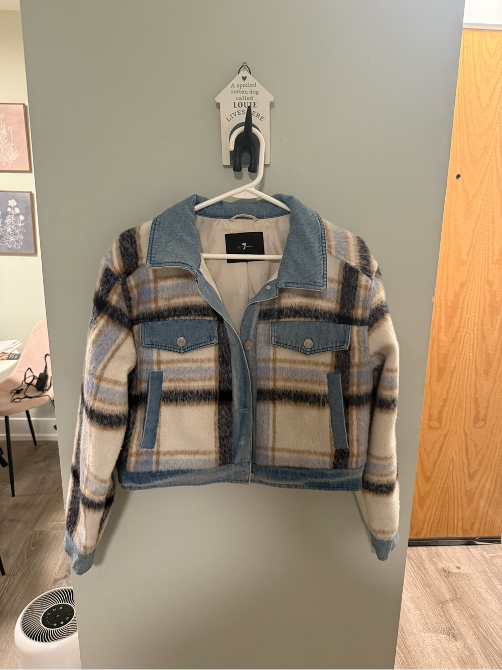 Plaid Wool-Blend Cropped Trucker Jacket in Blue and Cream